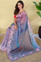 Elaborate Blue Embroidery Work Fandy Silk Saree With Denouement Blouse Piece