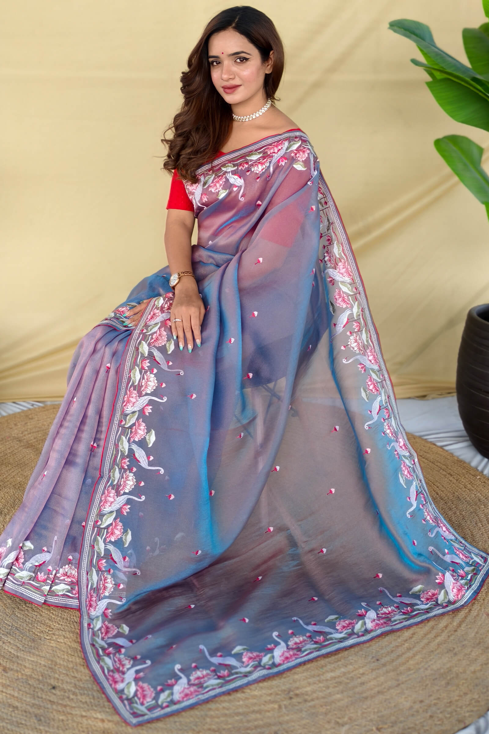 Elaborate Blue Embroidery Work Fandy Silk Saree With Denouement Blouse Piece