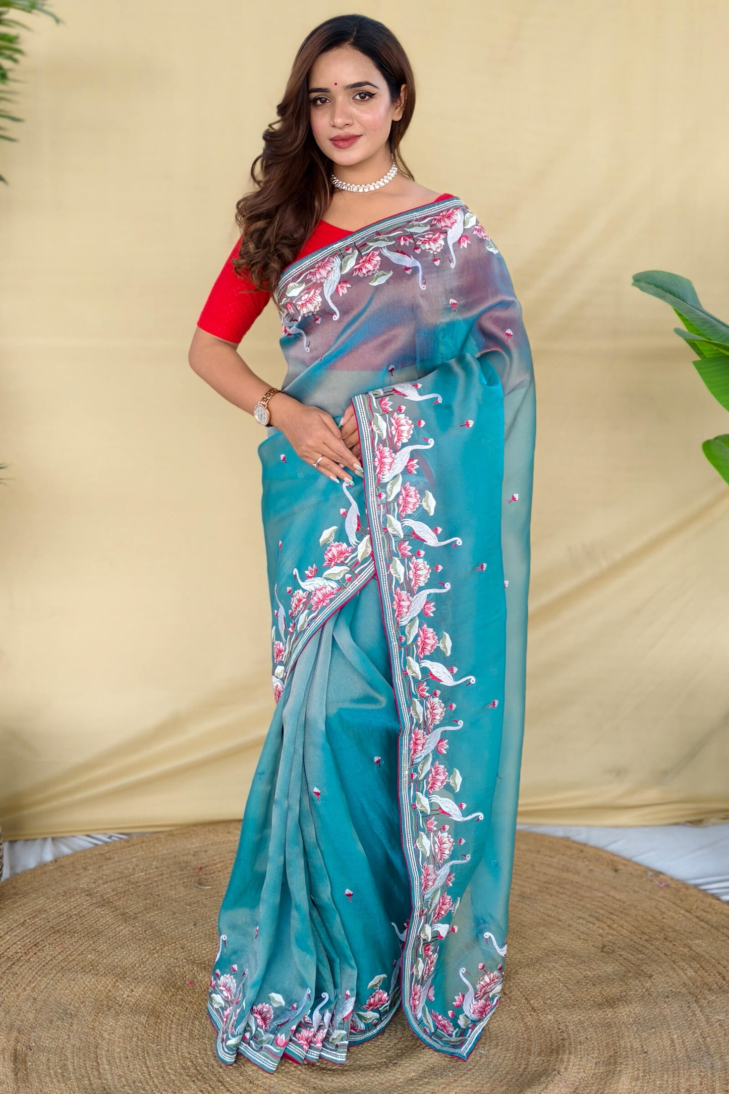 Ebullience Firozi Embroidery Work Fandy Silk Saree With Pleasurable Blouse Piece