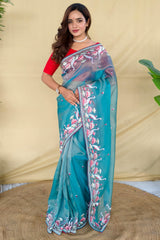 Ebullience Firozi Embroidery Work Fandy Silk Saree With Pleasurable Blouse Piece