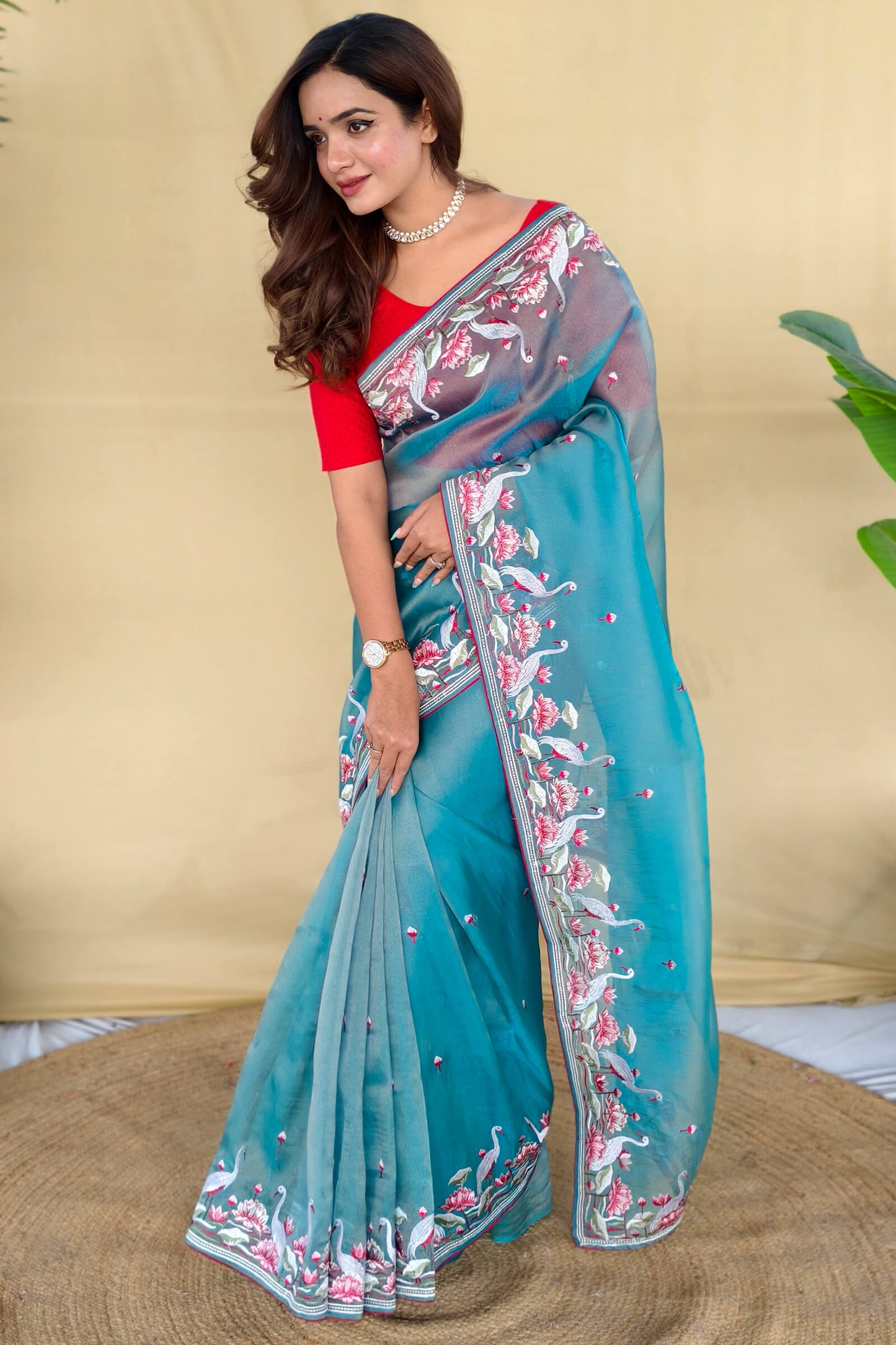 Ebullience Firozi Embroidery Work Fandy Silk Saree With Pleasurable Blouse Piece