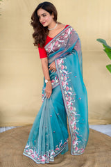 Ebullience Firozi Embroidery Work Fandy Silk Saree With Pleasurable Blouse Piece