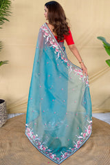 Ebullience Firozi Embroidery Work Fandy Silk Saree With Pleasurable Blouse Piece