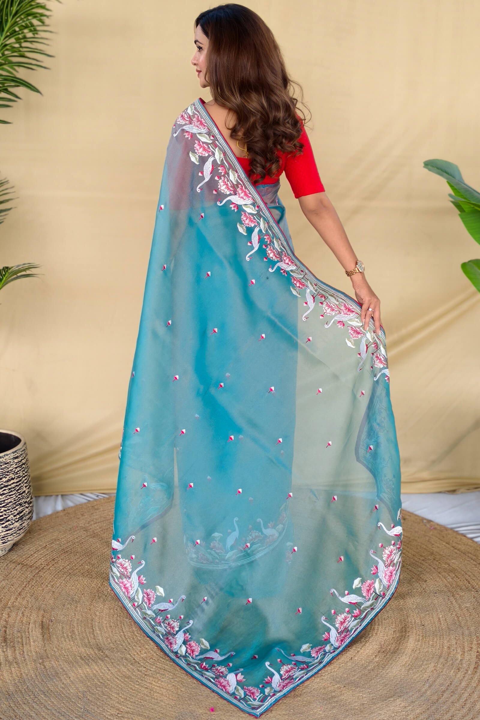 Ebullience Firozi Embroidery Work Fandy Silk Saree With Pleasurable Blouse Piece