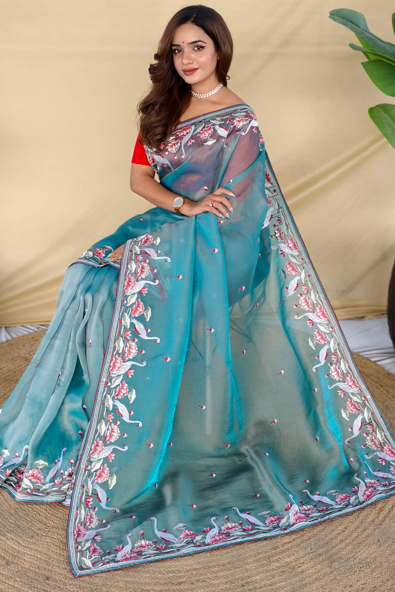 Ebullience Firozi Embroidery Work Fandy Silk Saree With Pleasurable Blouse Piece