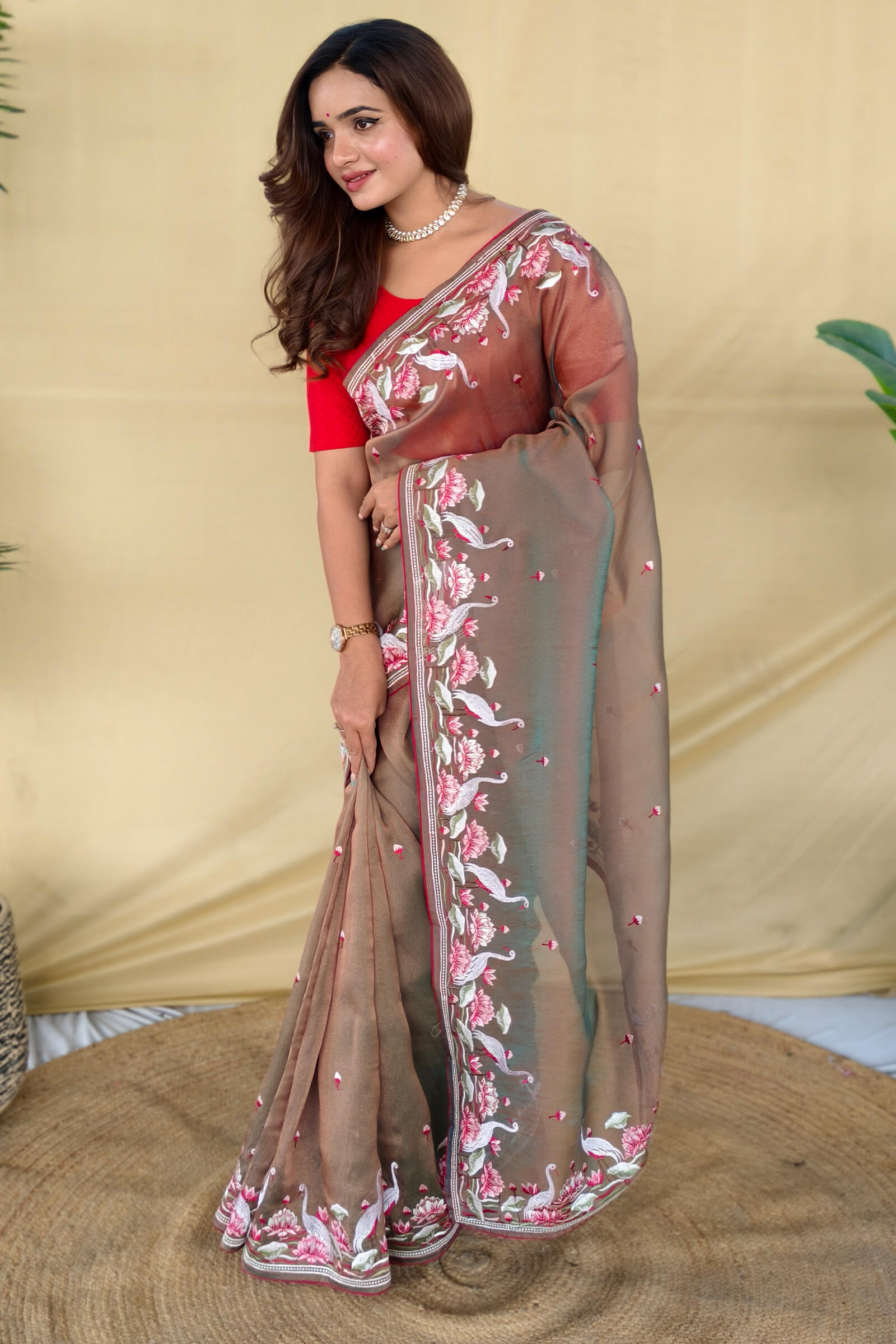 Stunning Grey Embroidery Work Fandy Silk Saree With Palimpsest Blouse Piece