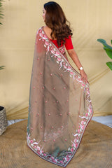 Stunning Grey Embroidery Work Fandy Silk Saree With Palimpsest Blouse Piece