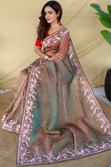 Stunning Grey Embroidery Work Fandy Silk Saree With Palimpsest Blouse Piece