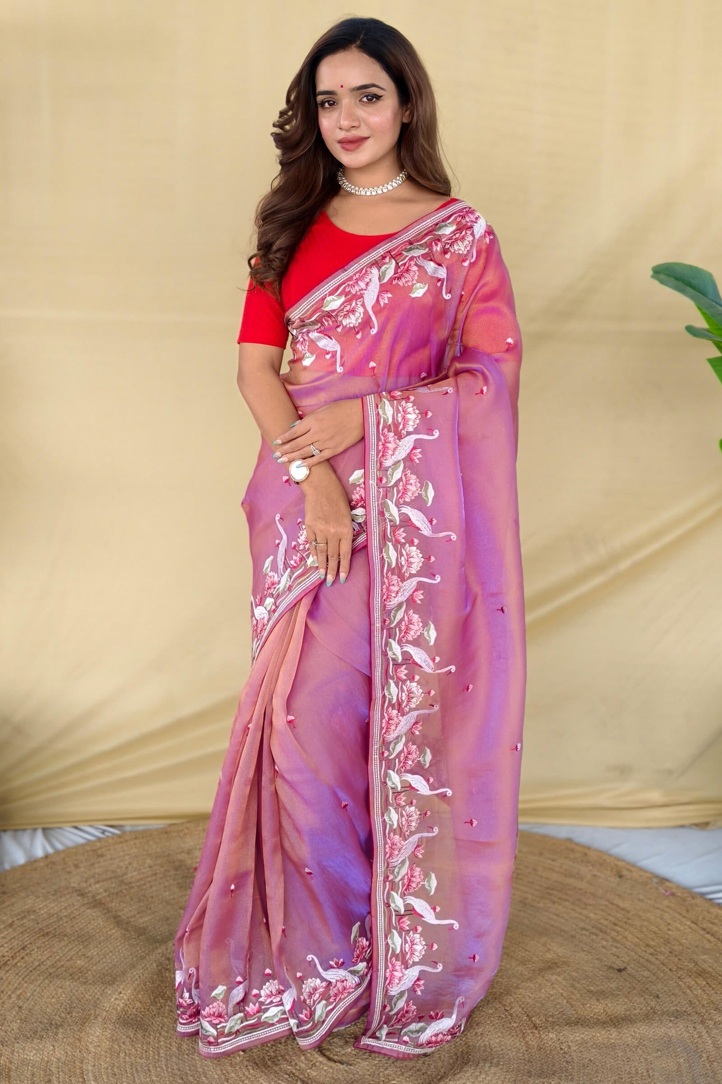 Effulgent Lavender Embroidery Work Fandy Silk Saree With Unequalled Blouse Piece