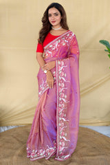 Effulgent Lavender Embroidery Work Fandy Silk Saree With Unequalled Blouse Piece