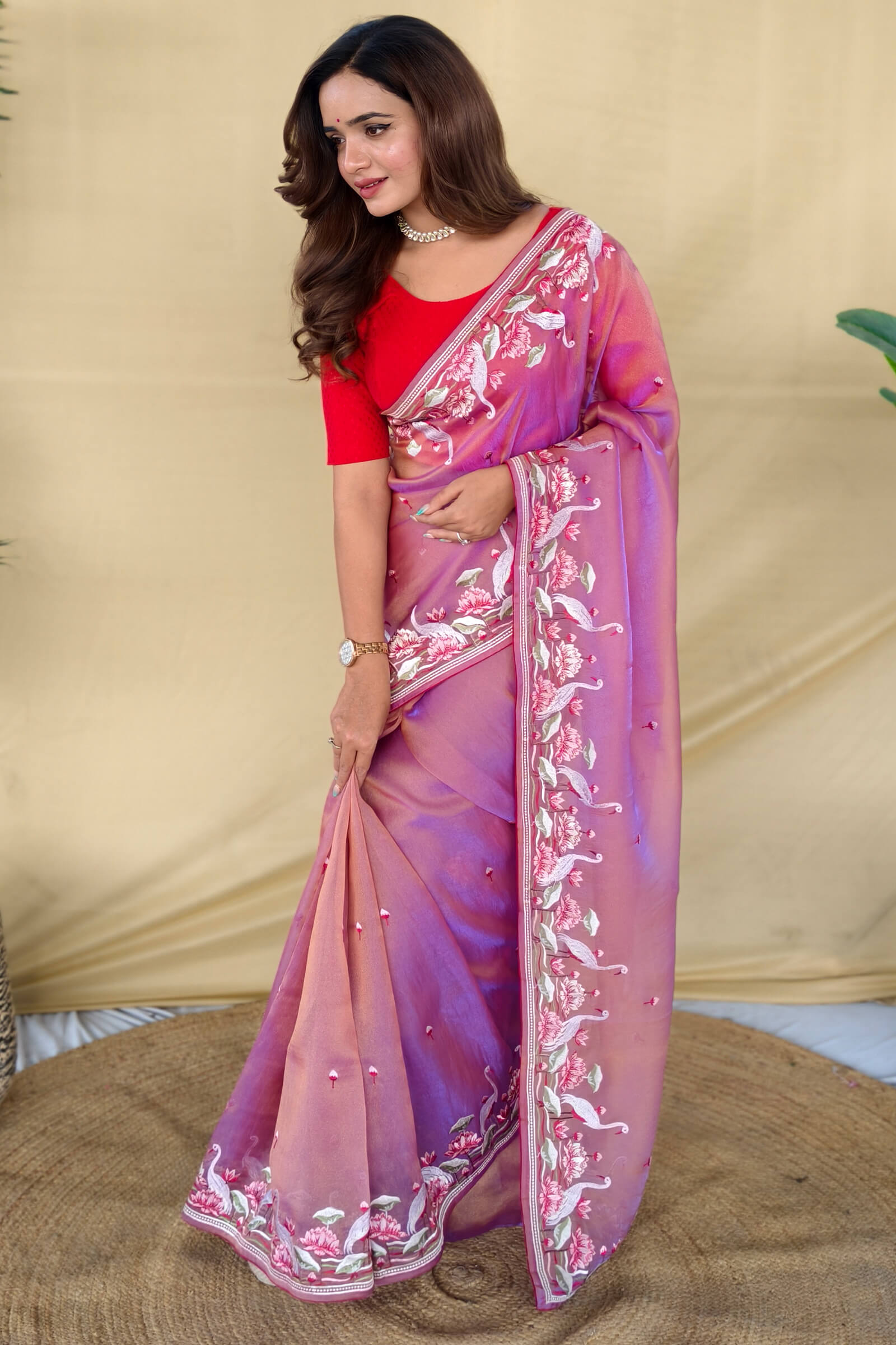 Effulgent Lavender Embroidery Work Fandy Silk Saree With Unequalled Blouse Piece
