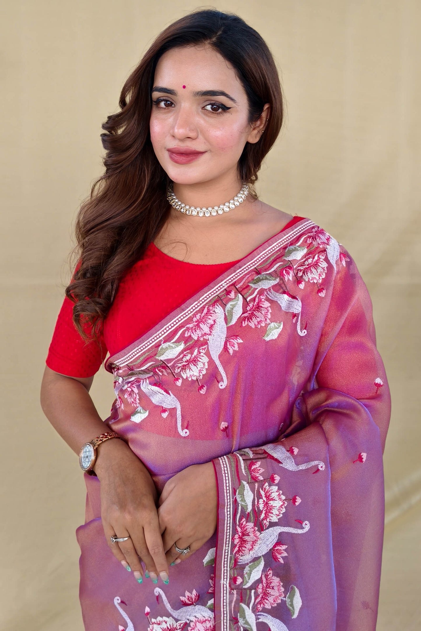 Effulgent Lavender Embroidery Work Fandy Silk Saree With Unequalled Blouse Piece