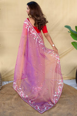 Effulgent Lavender Embroidery Work Fandy Silk Saree With Unequalled Blouse Piece