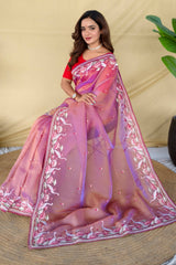 Effulgent Lavender Embroidery Work Fandy Silk Saree With Unequalled Blouse Piece
