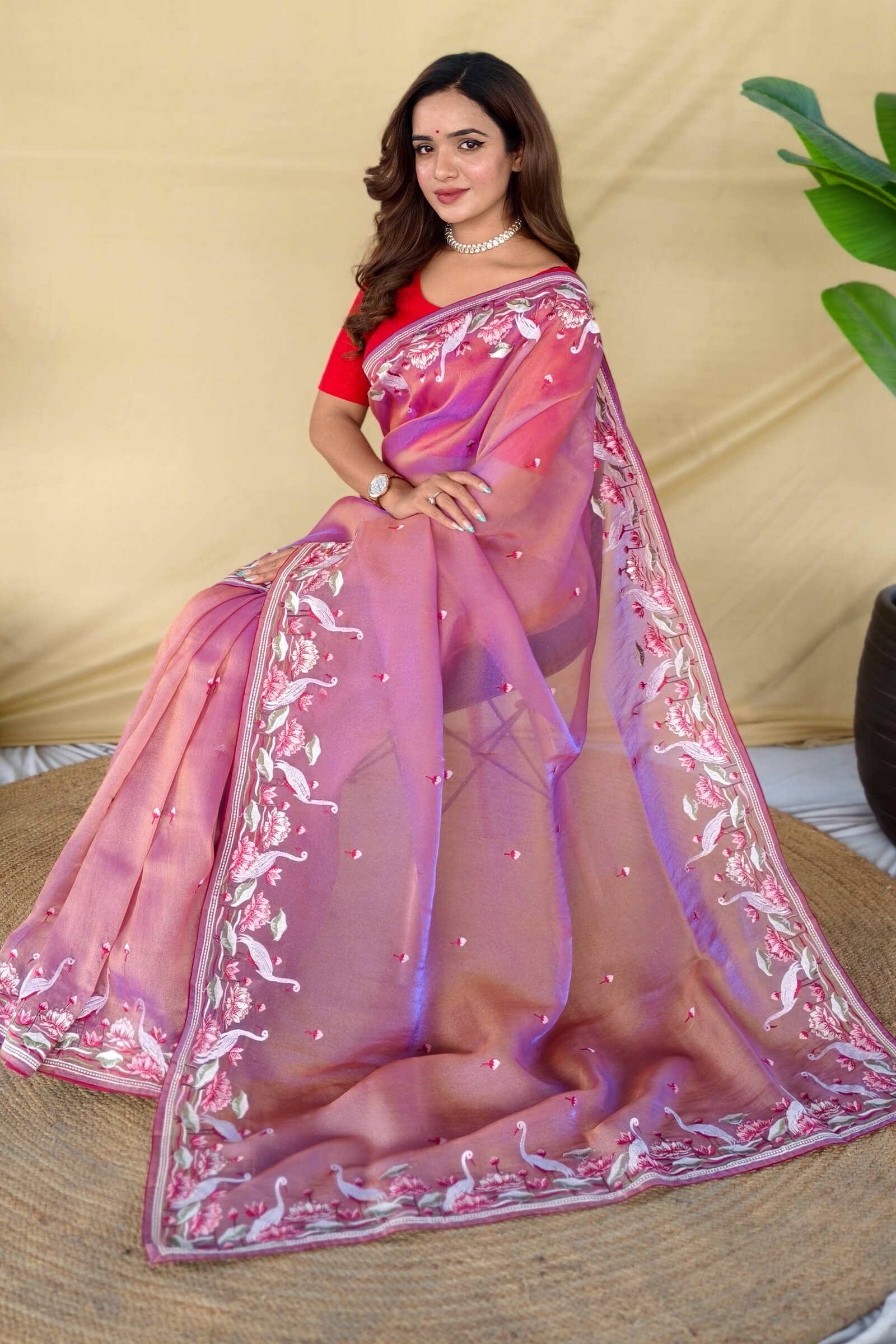 Effulgent Lavender Embroidery Work Fandy Silk Saree With Unequalled Blouse Piece