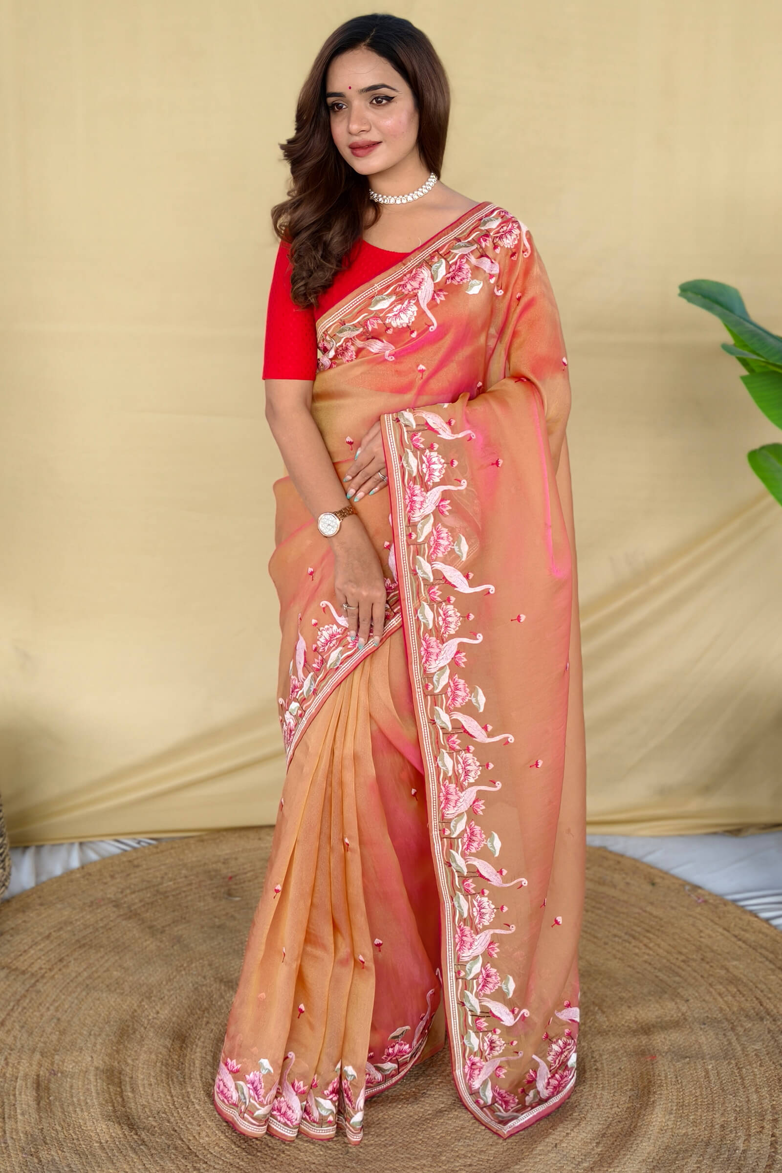 Allure Peach Embroidery Work Fandy Silk Saree With Classic Blouse Piece