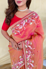 Allure Peach Embroidery Work Fandy Silk Saree With Classic Blouse Piece