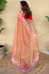Allure Peach Embroidery Work Fandy Silk Saree With Classic Blouse Piece