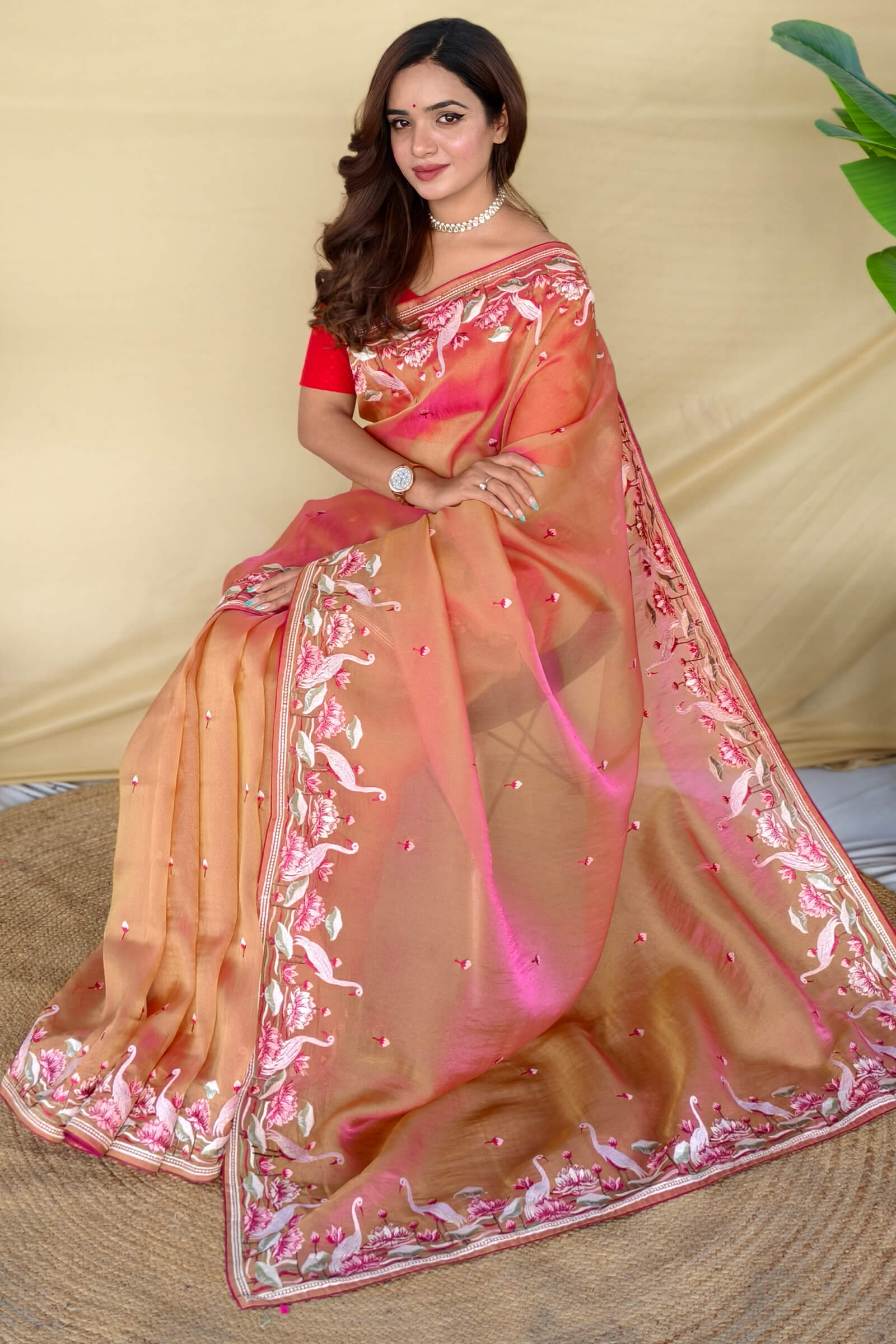 Allure Peach Embroidery Work Fandy Silk Saree With Classic Blouse Piece