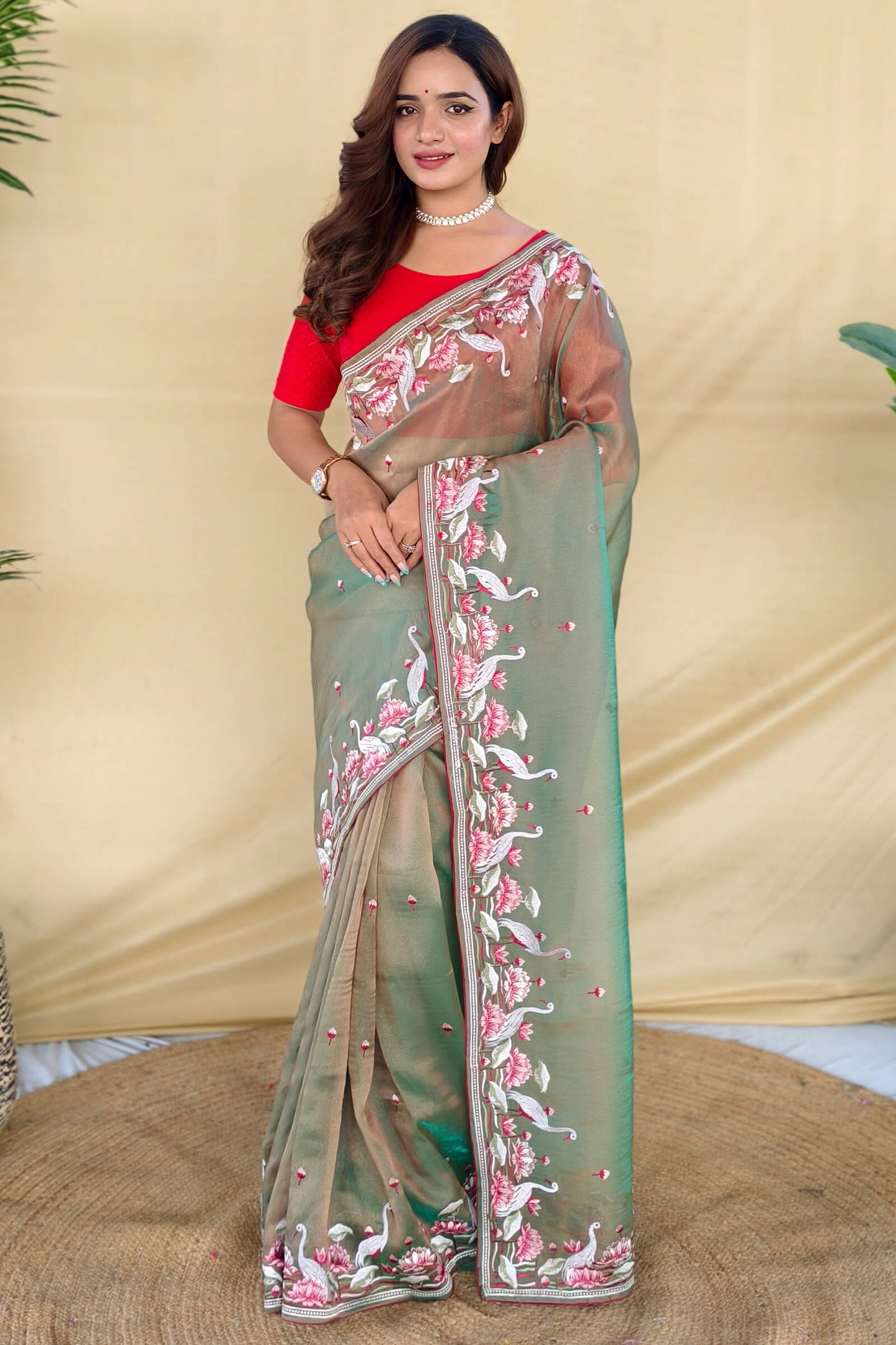 Exquisite Pista Embroidery Work Fandy Silk Saree With Demanding Blouse Piece