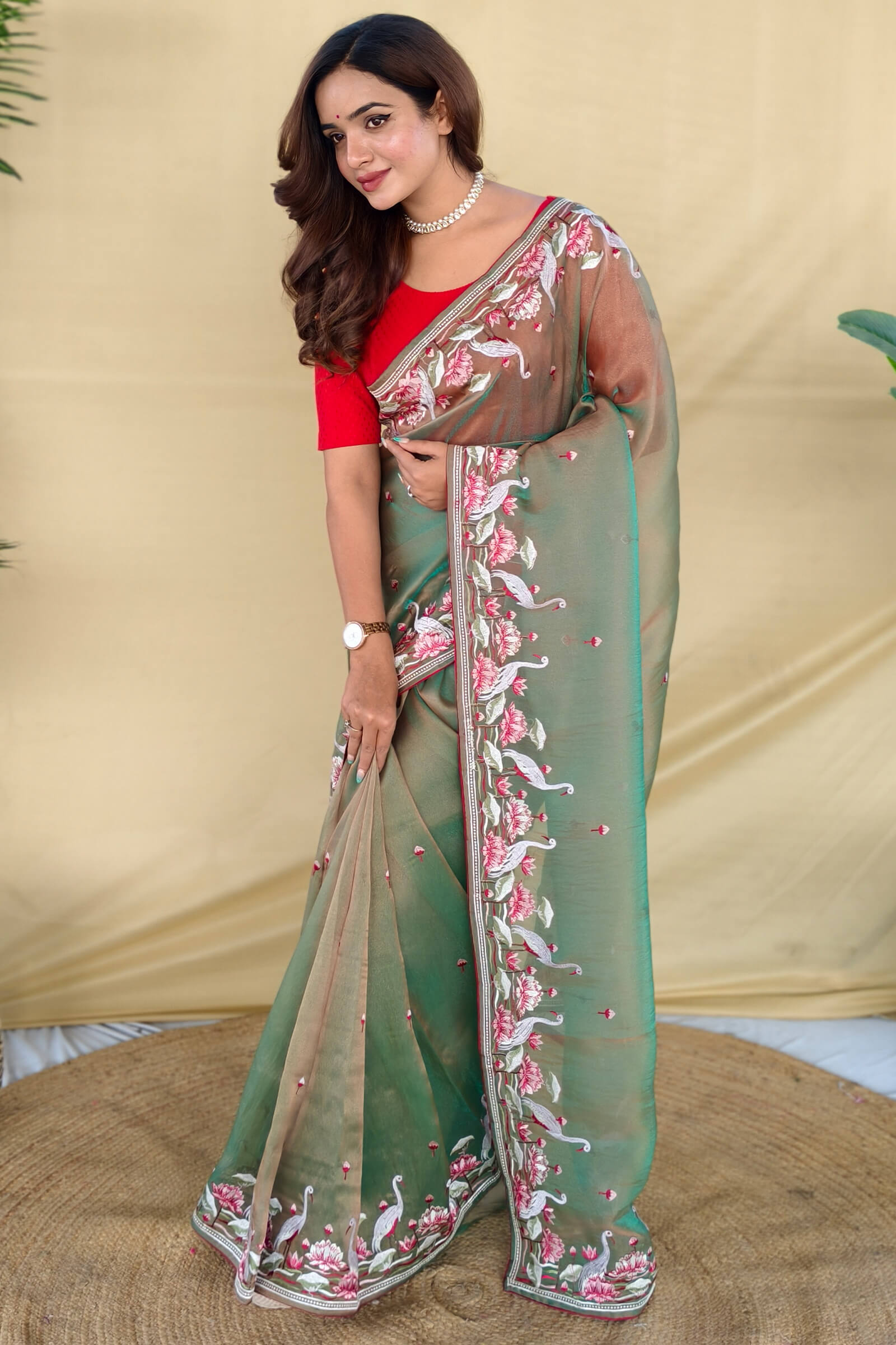 Exquisite Pista Embroidery Work Fandy Silk Saree With Demanding Blouse Piece