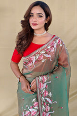Exquisite Pista Embroidery Work Fandy Silk Saree With Demanding Blouse Piece