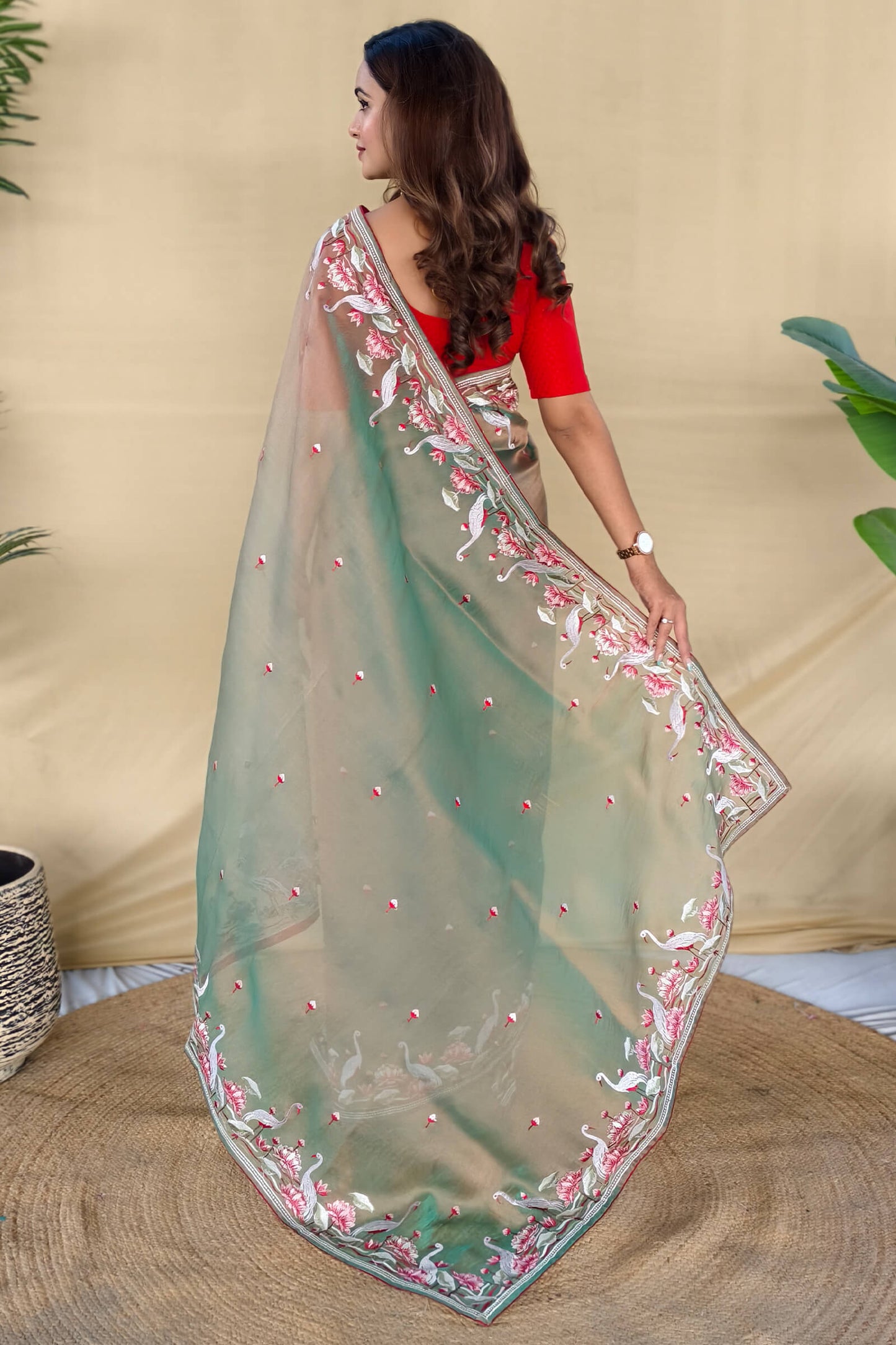 Exquisite Pista Embroidery Work Fandy Silk Saree With Demanding Blouse Piece