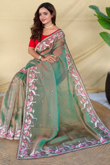 Exquisite Pista Embroidery Work Fandy Silk Saree With Demanding Blouse Piece