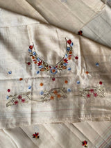Eclat Beige Embroidery Work Tussar Silk Saree With Capricious Blouse Piece