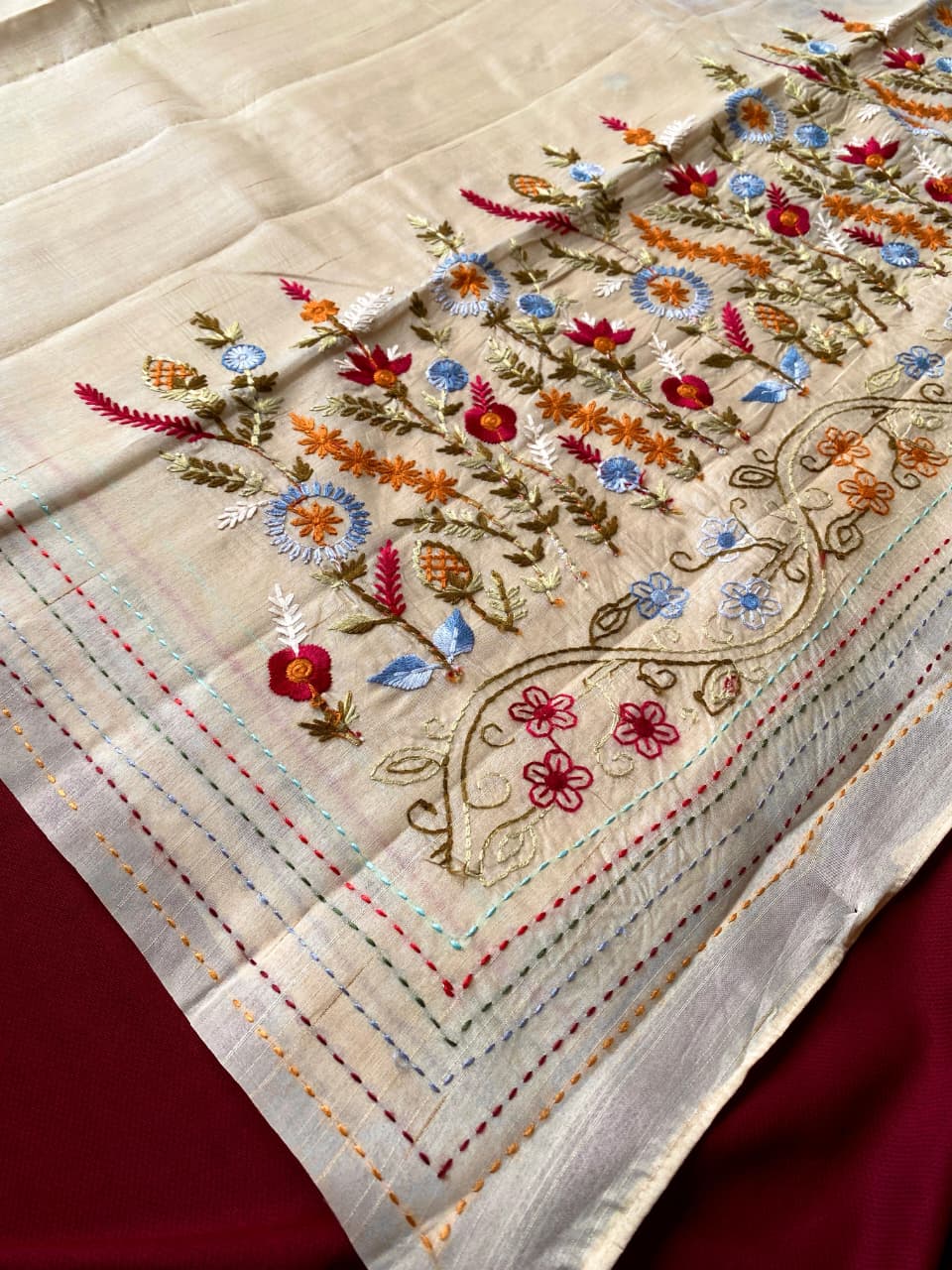Eclat Beige Embroidery Work Tussar Silk Saree With Capricious Blouse Piece