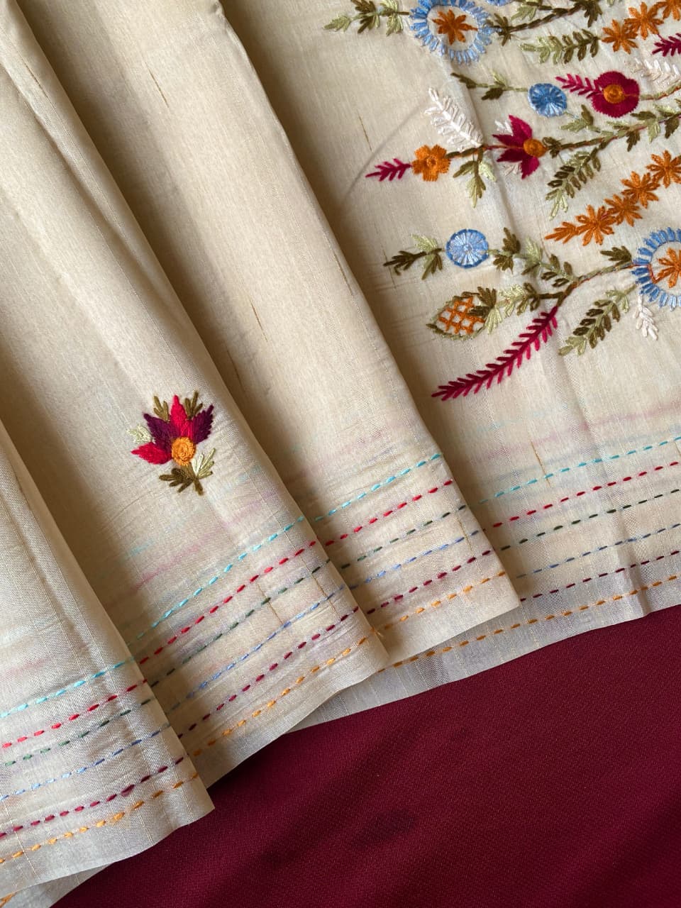 Eclat Beige Embroidery Work Tussar Silk Saree With Capricious Blouse Piece