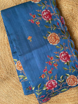 Vibrant Blue Embroidery Work Tussar Silk Saree With Verdant Blouse Piece