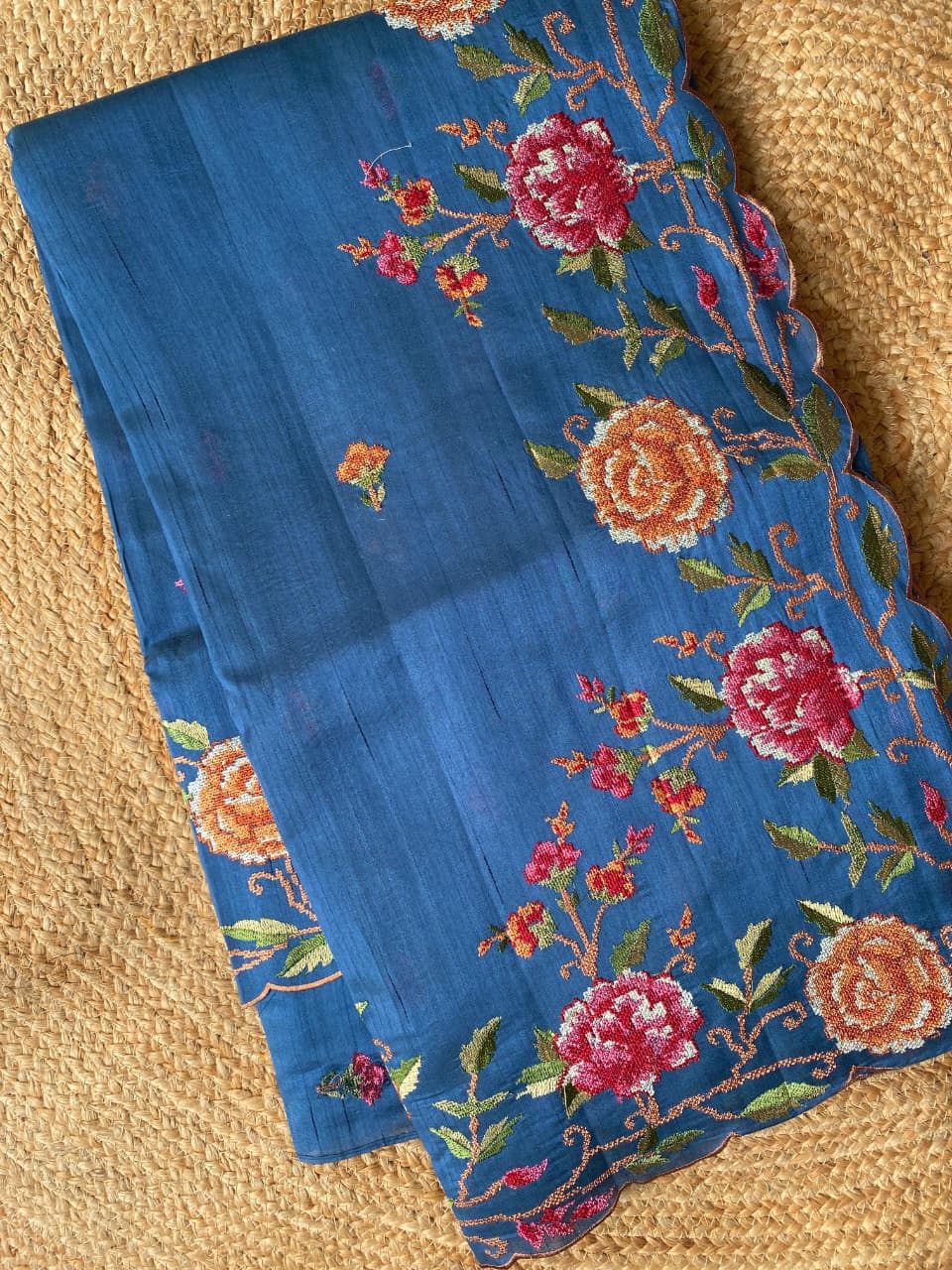 Vibrant Blue Embroidery Work Tussar Silk Saree With Verdant Blouse Piece
