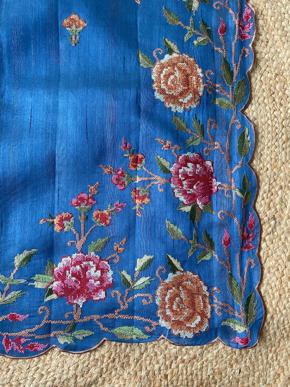 Vibrant Blue Embroidery Work Tussar Silk Saree With Verdant Blouse Piece