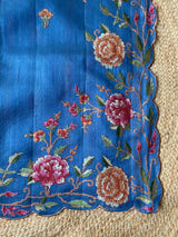 Vibrant Blue Embroidery Work Tussar Silk Saree With Verdant Blouse Piece