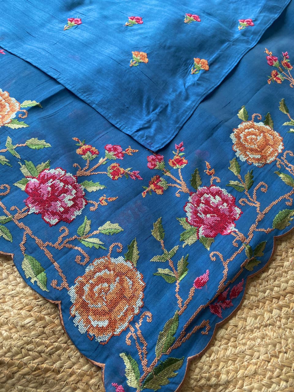 Vibrant Blue Embroidery Work Tussar Silk Saree With Verdant Blouse Piece