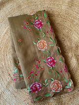 Confounding Dark Beige Embroidery Work Tussar Silk Saree With Diaphanous Blouse Piece