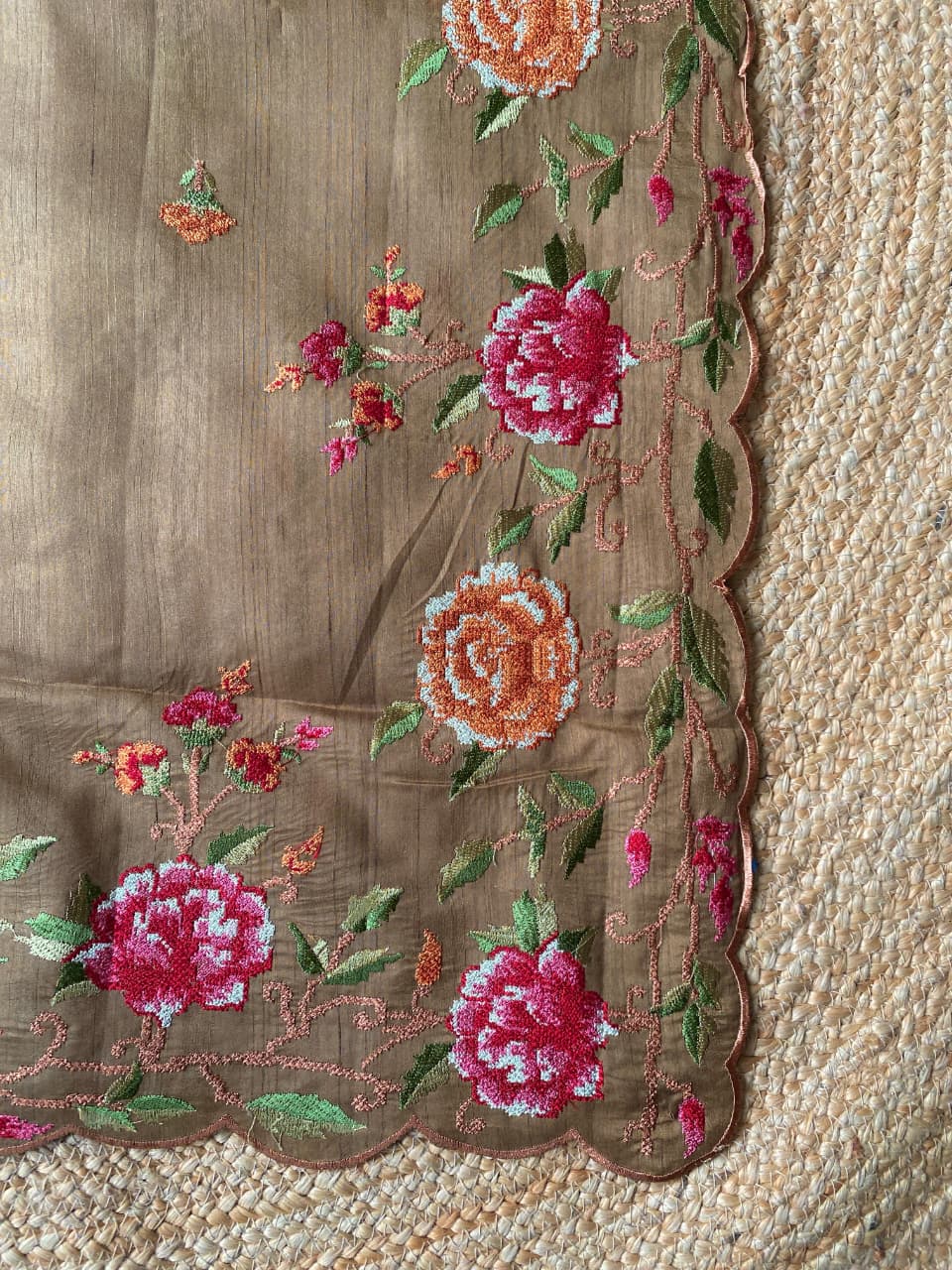 Confounding Dark Beige Embroidery Work Tussar Silk Saree With Diaphanous Blouse Piece