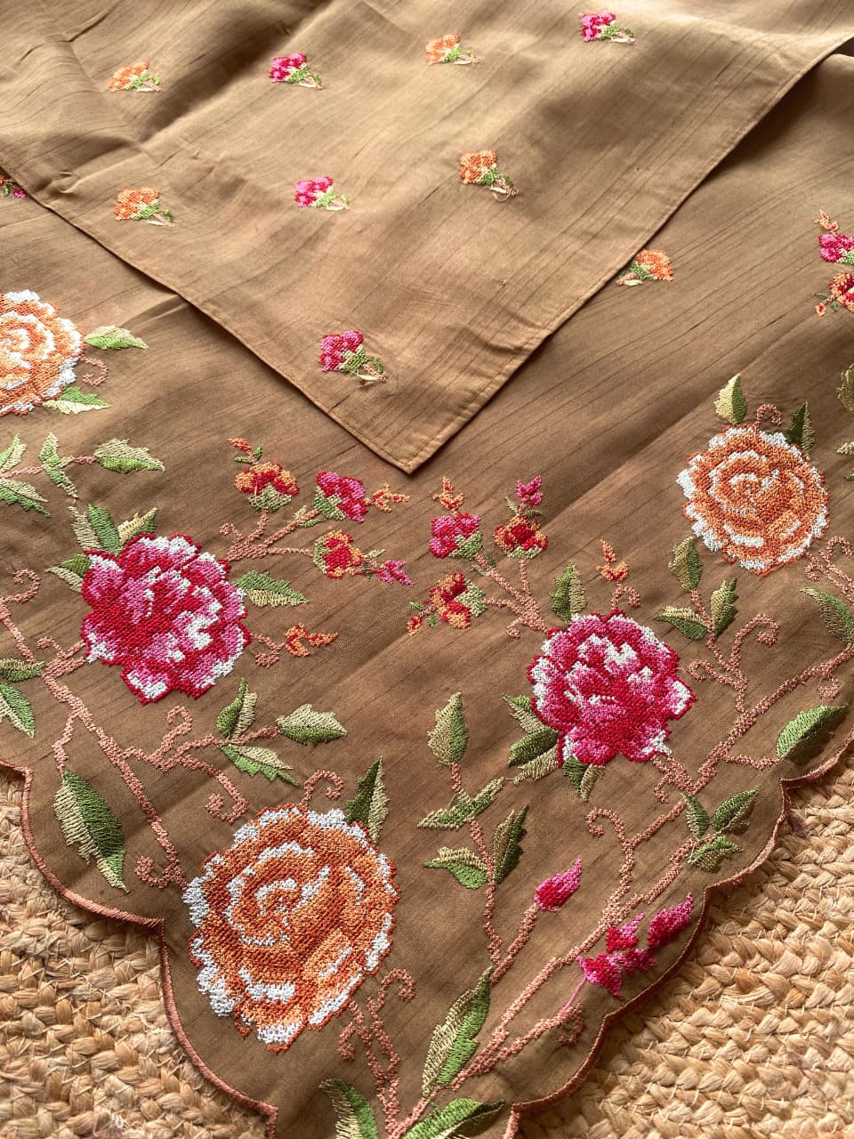 Confounding Dark Beige Embroidery Work Tussar Silk Saree With Diaphanous Blouse Piece
