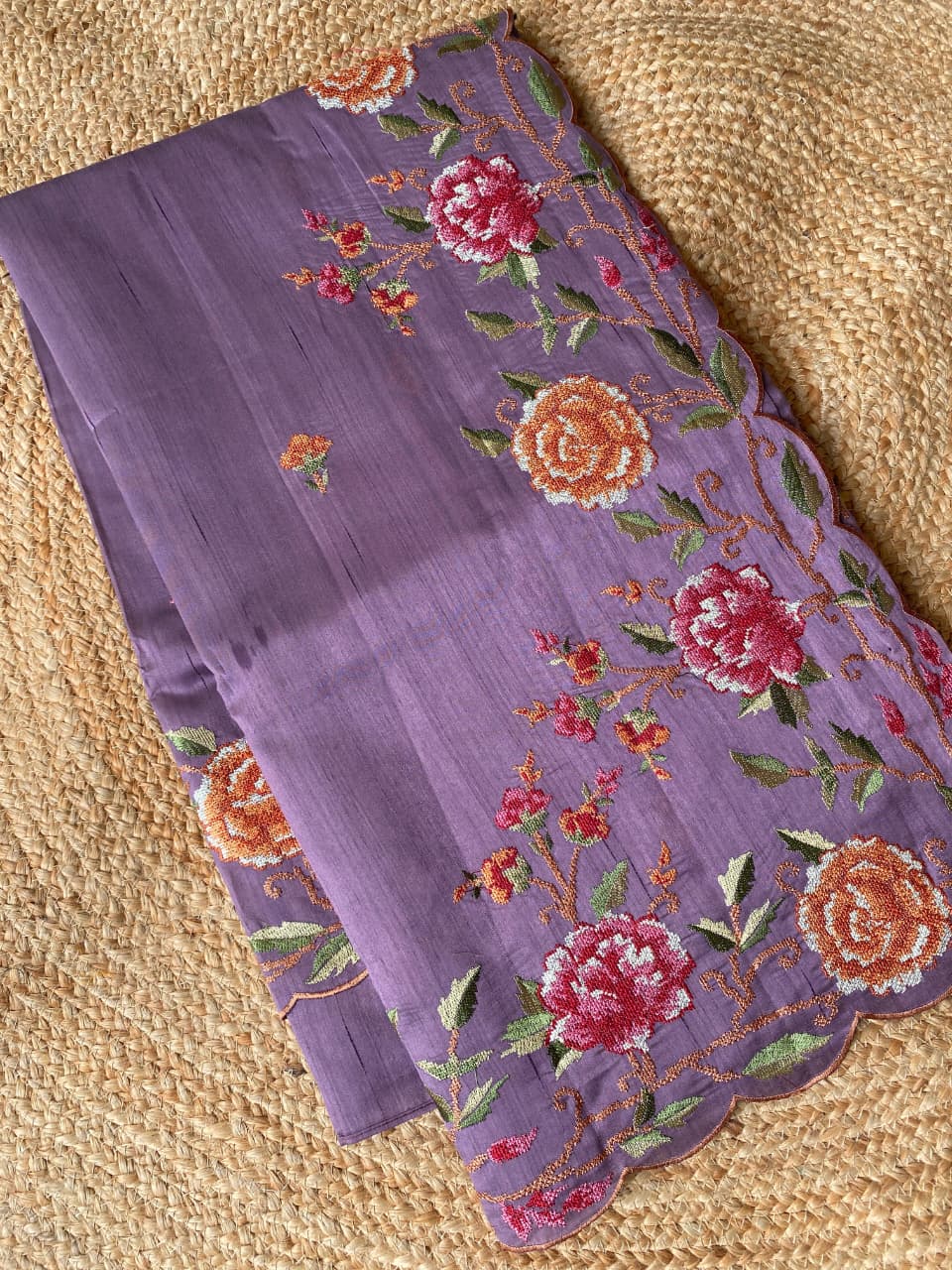 Resonant Lavender Embroidery Work Tussar Silk Saree With Enthralling Blouse Piece