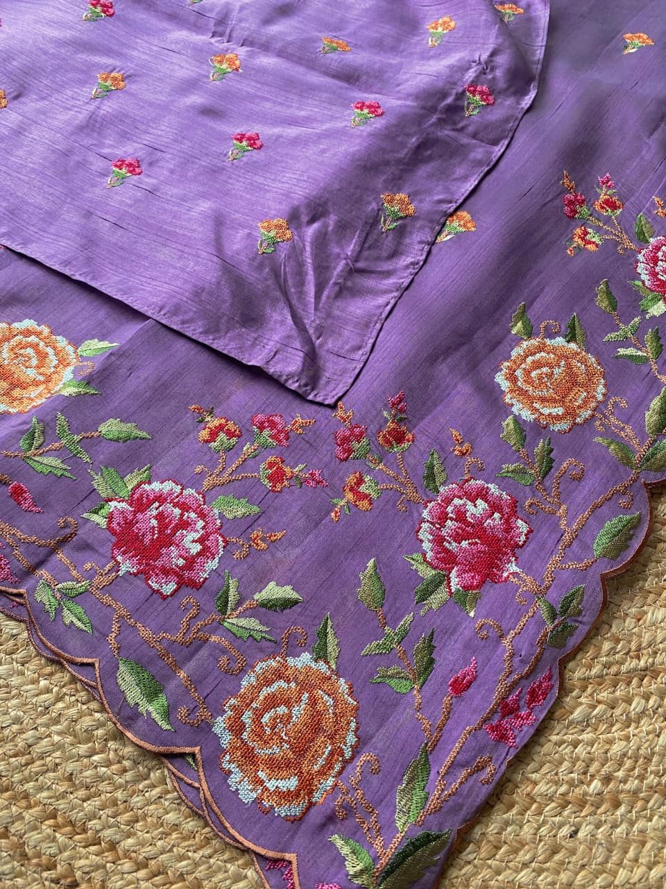 Resonant Lavender Embroidery Work Tussar Silk Saree With Enthralling Blouse Piece