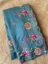 Glorious Sky Embroidery Work Tussar Silk Saree With Glamorous Blouse Piece
