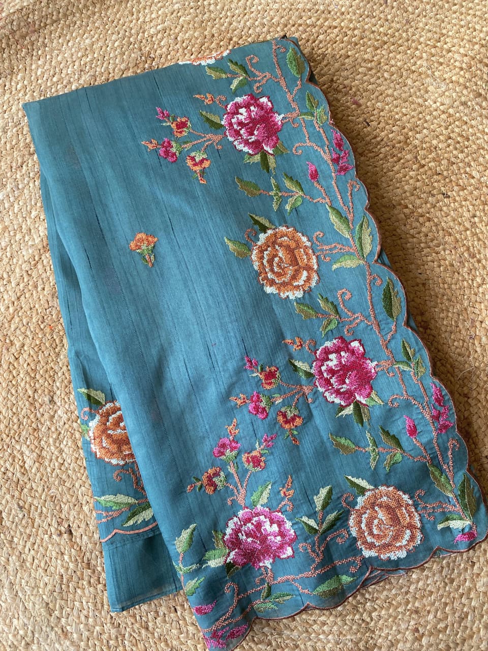 Glorious Sky Embroidery Work Tussar Silk Saree With Glamorous Blouse Piece