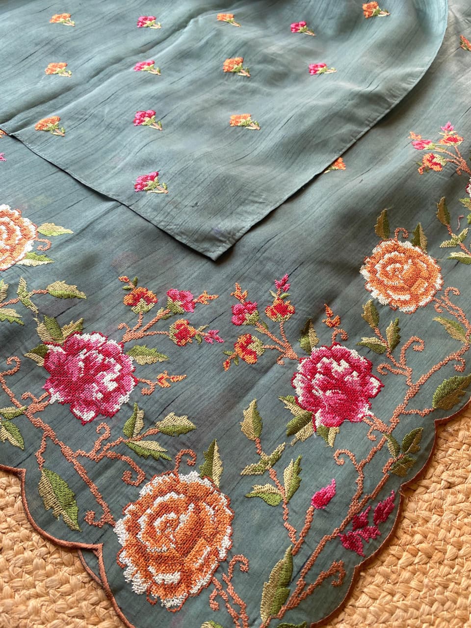 Glorious Sky Embroidery Work Tussar Silk Saree With Glamorous Blouse Piece