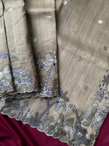 Admirable Beige Embroidery Work Tussar Silk Saree With Pretty Blouse Piece