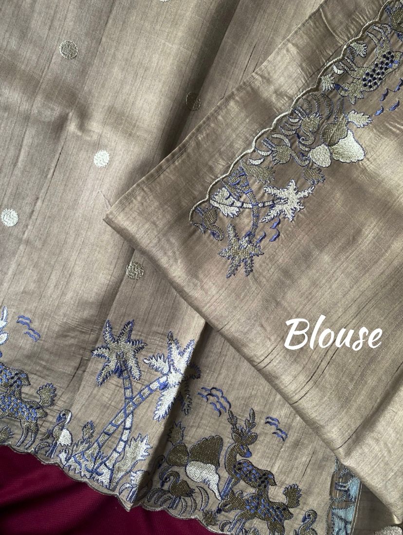 Admirable Beige Embroidery Work Tussar Silk Saree With Pretty Blouse Piece