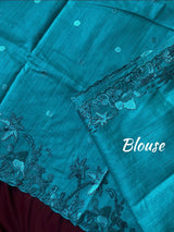 Staggering Firozi Embroidery Work Tussar Silk Saree With Cynosure Blouse Piece