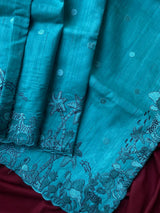 Staggering Firozi Embroidery Work Tussar Silk Saree With Cynosure Blouse Piece