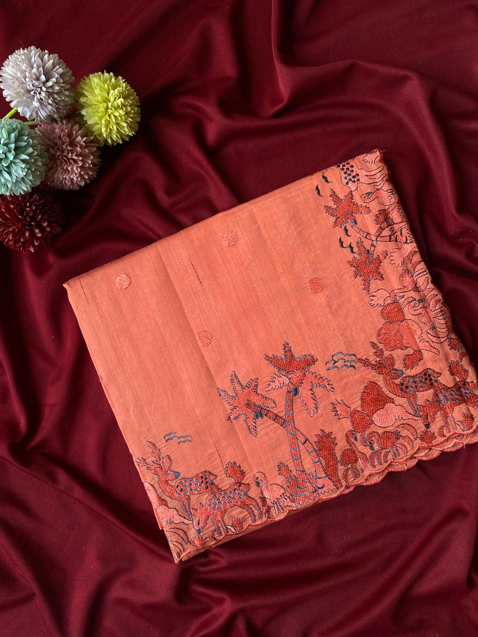 Luxuriant Peach Embroidery Work Tussar Silk Saree With Wonderful Blouse Piece