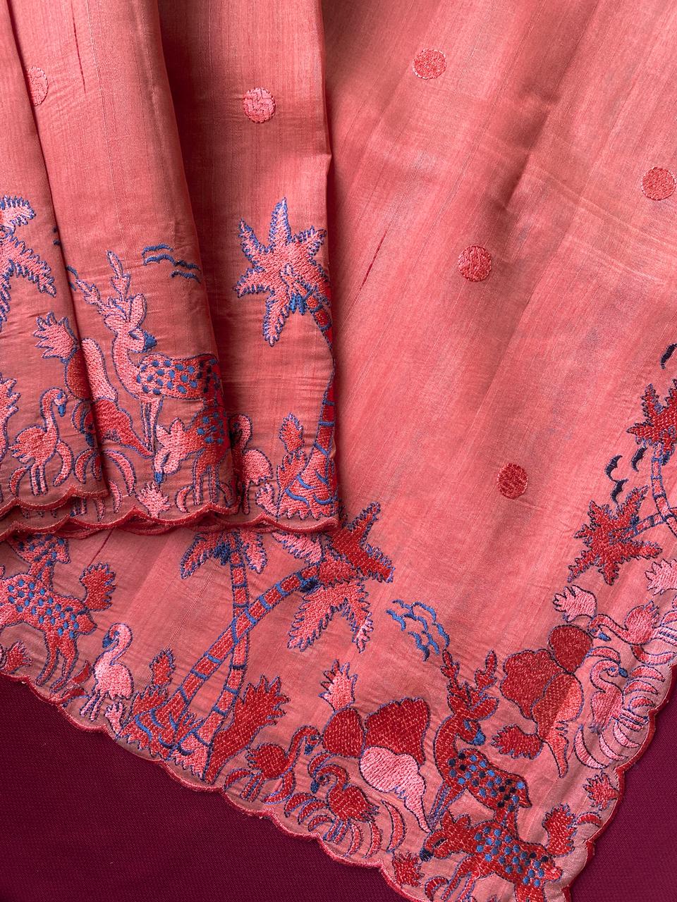 Luxuriant Peach Embroidery Work Tussar Silk Saree With Wonderful Blouse Piece